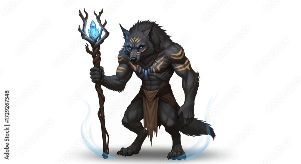 Fototapeta premium Anthropomorphic wolf character stands holding a crystal-topped staff, adorned with tribal markings and wearing a loincloth.