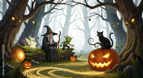 A whimsical illustration of a Halloween scene in a spooky forest with various magical creatures.