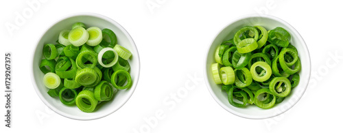 Sat of Chopped Green Onion Rings in Ceramic Bowl – Top View Isolated