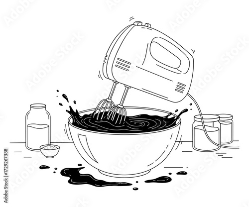 Hand Mixer with Bowl Illustration in Simple Line Style in Black and White