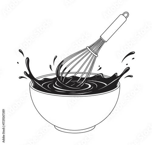 Whisk in Bowl Illustration in Minimal Style in Black and White