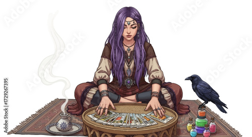 A mystical fortune teller with long purple hair performs a tarot card reading with a raven companion.