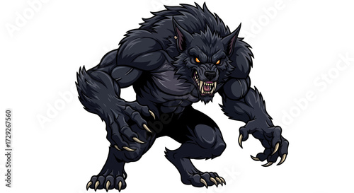 Illustration of a muscular, black werewolf with sharp claws and teeth, crouching menacingly against a white background.