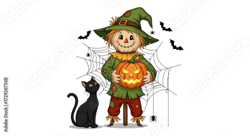 A smiling scarecrow holding a carved pumpkin stands with a black cat, bats, and a spiderweb.