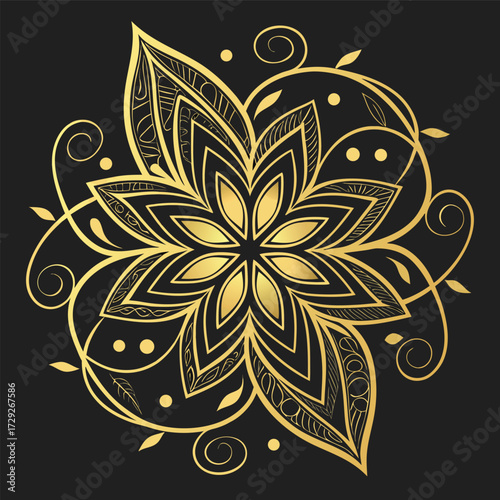 Elegant golden floral mandala design with intricate patterns on a dark background black and white floral ornament