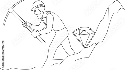 Man with pickaxe mining a large diamond on a mountain side vector sketch
