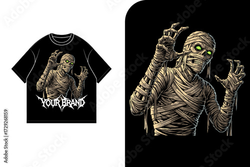 Illustration of a mummy with glowing eyes on a black t-shirt, presented next to a close-up of the mummy design.