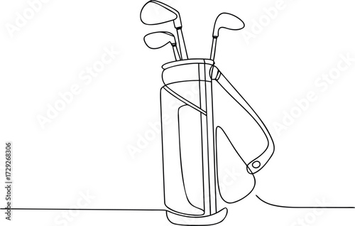 Minimalist one line drawing of a professional golf bag with clubs