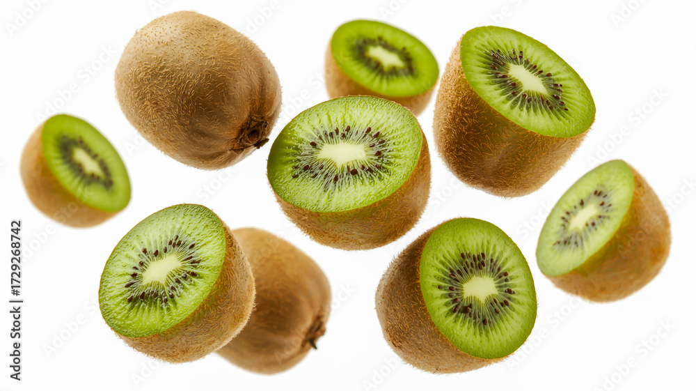 Fototapeta premium Fresh ripe kiwi fruit sliced and whole scattered against a clean white surface