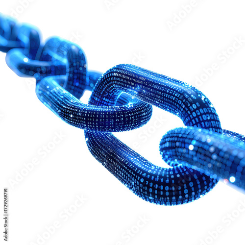 Illuminated chain links composed of binary code data, presented with glowing blue tones against a stark black background, symbolize interconnected information, security, and digital networks.