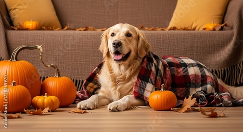 Golden retriever dog resting on a blanket with pumpkins and autumn leaves.
