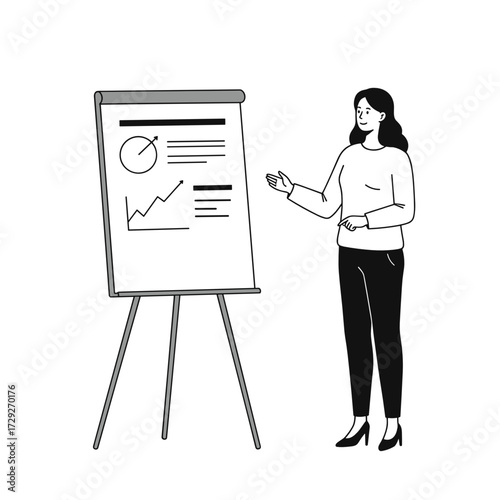 Young woman presenting data on a flipchart in business setting  