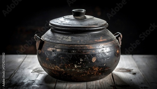 Dark antique pot on wood
