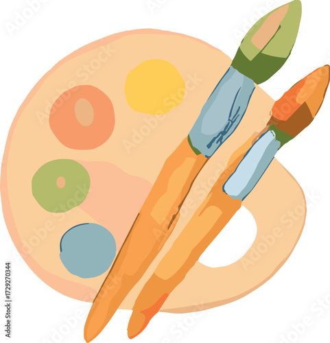 A colorful illustration of an artist’s palette with paint spots and two brushes, symbolizing creativity and art.