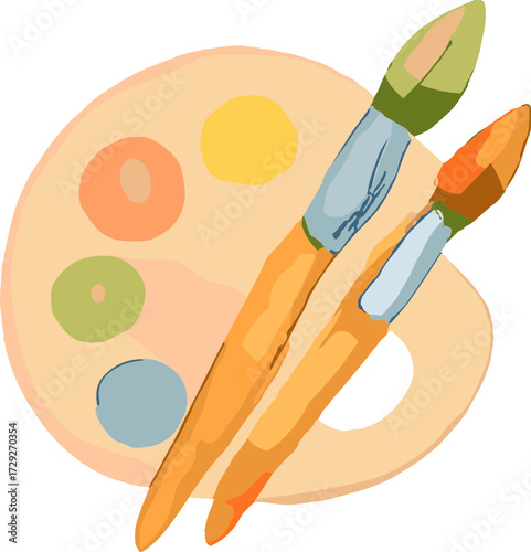 A colorful illustration of an artist’s palette with paint spots and two brushes, symbolizing creativity and art.
