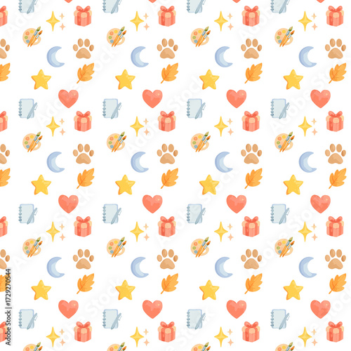 A playful seamless pattern featuring hearts, stars, moons, paw prints, leaves, gifts, notebooks, sparkles, and art palettes in warm pastel tones on a white background.