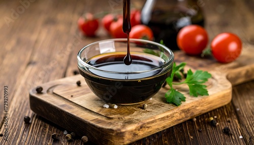 Dark balsamic vinegar poured into a bowl
