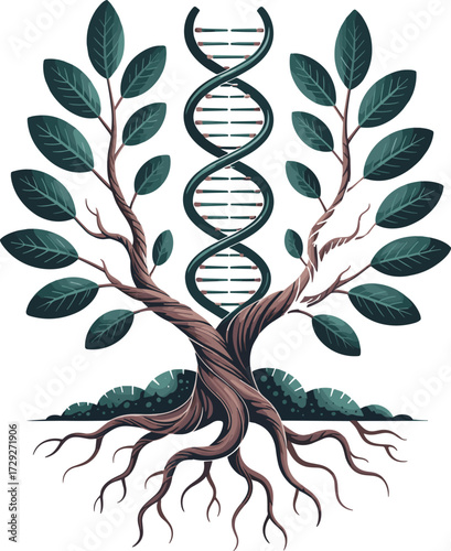 DNA tree roots, genetic evolution, biology nature, eco science, organic growth, biotechnology concept, sustainable life, molecular structure, natural ecology, green environment