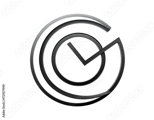 An abstract and modern geometric design element displays a grayscale circular shape with a three-dimensional effect against a stark black background.