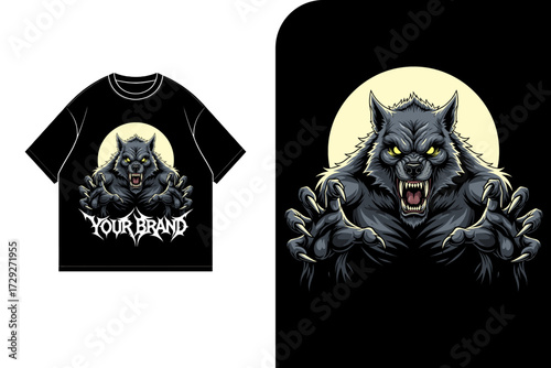 Werewolf graphic design on a black t-shirt, with a moon background and stylized brand text.