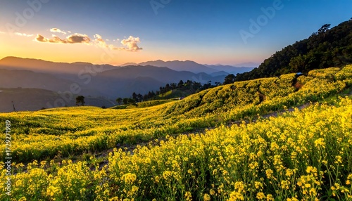 Golden flower field panorama at sunset