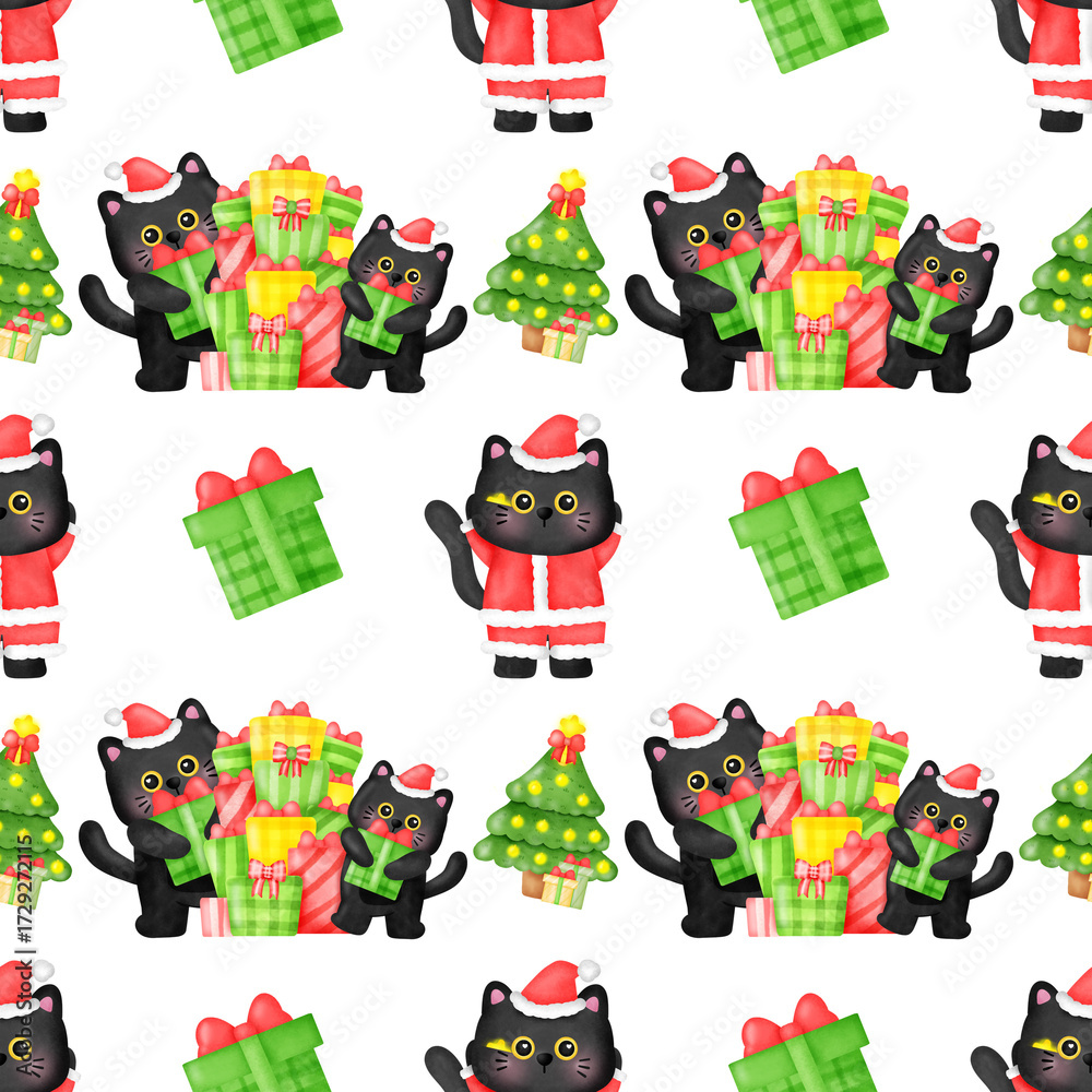 Fototapeta premium A black cat wearing a Santa hat is holding a green box