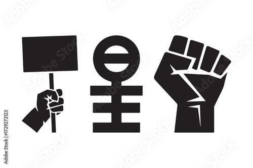 Feminist protest symbols including a fist holding a sign and a raised fist