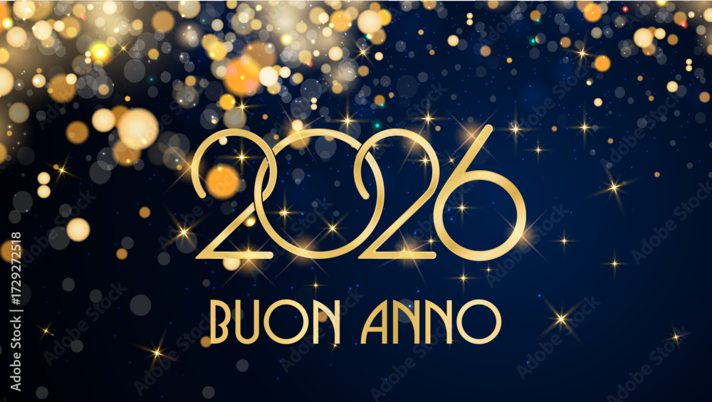 biglietto o striscione per augurare un felice anno nuovo 2026 in oro su sfondo blu con cerchi e glitter color oro con effetto bokeh