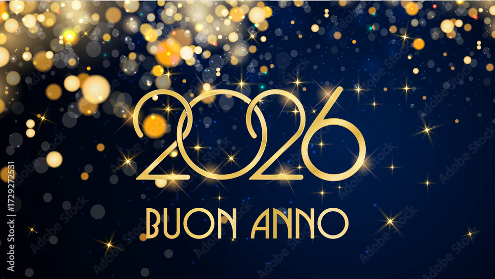 © emmanuel - biglietto o striscione per augurare un felice anno nuovo 2026 in oro su sfondo blu con cerchi e glitter color oro con effetto bokeh © emmanuel - biglietto o striscione per augurare un felice anno nuovo 2026 in oro su sfondo blu con cerchi e glitter color oro con effetto bokeh