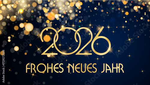 Karte oder Banner, um ein frohes neues Jahr 2026 in Gold auf blauem Hintergrund mit Kreisen und goldfarbenem Glitzer im Bokeh-Effekt zu wünschen