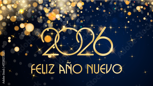 Tarjeta o pancarta para desear un feliz año nuevo 2026 en dorado sobre fondo azul con círculos y purpurina color dorado en efecto bokeh