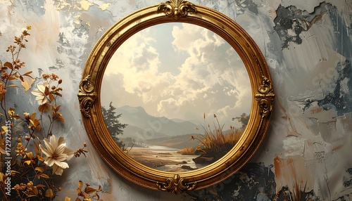 Golden frame with landscape painting