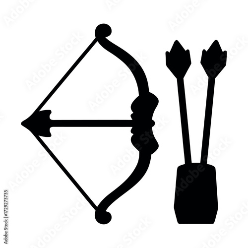 Silhouette of a classic recurve bow with an arrow nocked and a quiver of arrows beside it