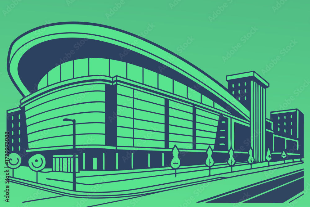 Fototapeta premium Fiserv Forum in Milwaukee, Wisconsin, sleek wave-shaped arena glowing in Bucks green lighting