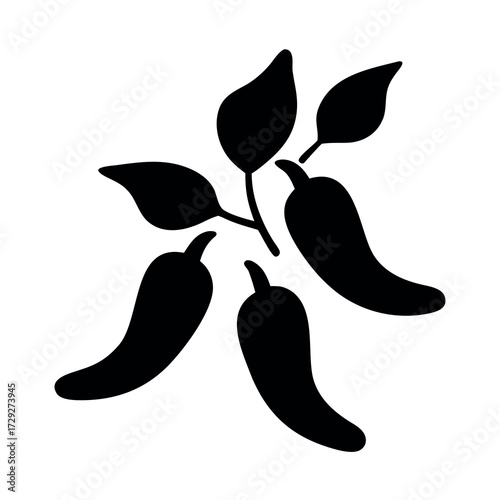 Stylized silhouette of five black chili peppers arranged in a starburst pattern with leaves