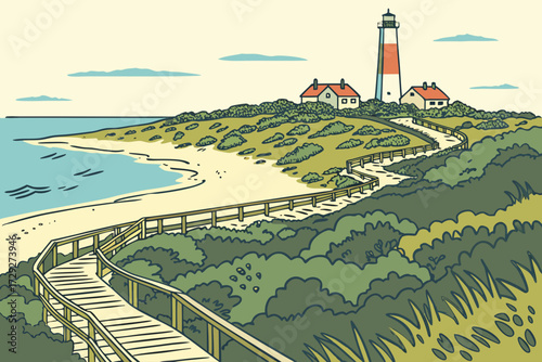 Fire Island Lighthouse in New York, tall black-and-white striped tower rising above sandy beaches and dunes