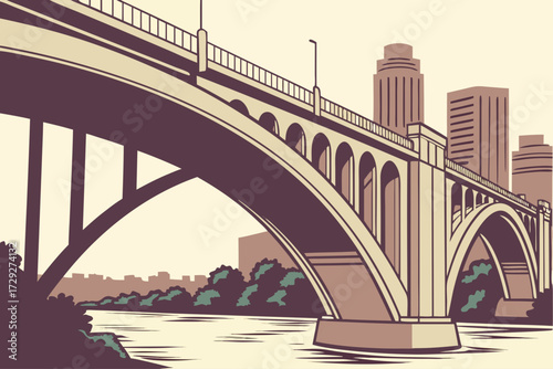 Franklin Avenue Bridge in Minneapolis, Minnesota, grand concrete arch with decorative railings and wide river below