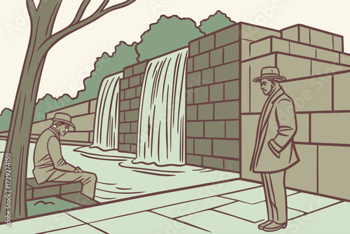 Franklin Delano Roosevelt Memorial in Washington, D.C., cascading waterfalls with bronze statues and engraved quotes