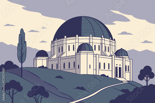 Griffith Observatory Dome in Los Angeles, iconic domes glowing above Hollywood Hills