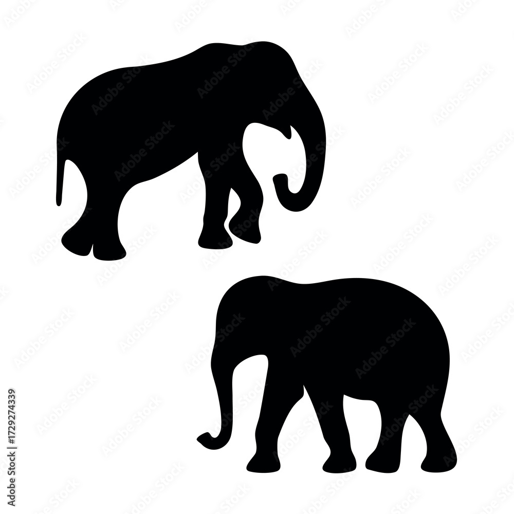 Fototapeta premium Two silhouette elephants standing against a white background in a simple artistic representation