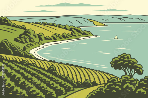 Grand Traverse Bay on Lake Michigan, Michigan, scenic waters surrounded by vineyards and rolling hills