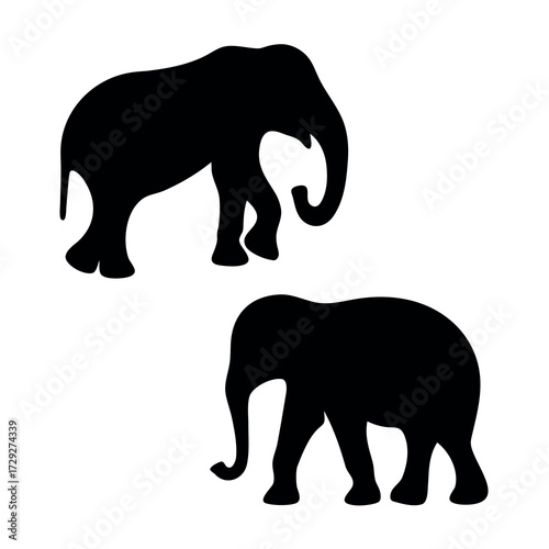 Two silhouette elephants standing against a white background in a simple artistic representation