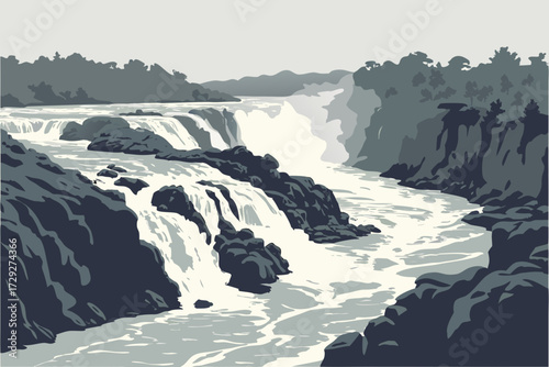 Great Falls of the Potomac in Virginia, whitewater rapids crashing over jagged rocks in Mather Gorge