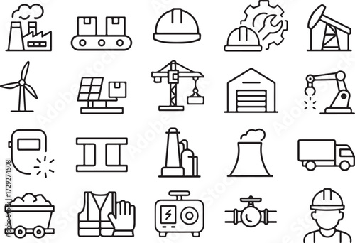 Industrial Line Icon Set Factory, Automation, Energy, Safety, Construction, Logistics, Engineering and Manufacturing Outline Symbols