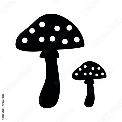 Two silhouetted amanita muscaria mushrooms with white spots on a white background