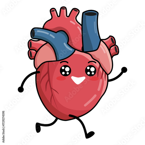 Healthy human heart running with a happy face. Cardiovascular health and cardio workouts concept. Medical illustration for educational material.