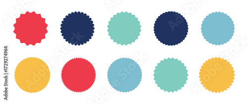 Set of Zig zag wavy edge red starburst circle shapes icon. Vector illustration of silhouette blank for sicker, label, tag, badge, stamp, etc. 
