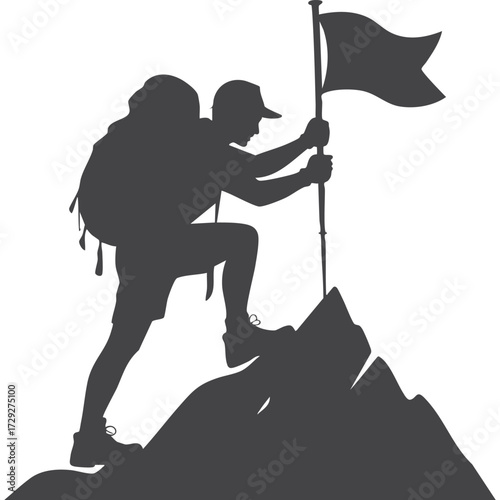 Mountain Climber with Flag on Peak Silhouette Success Victory and Motivation Concept