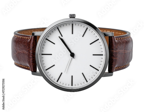 Sleek wristwatch design presented against a black background, featuring a white watch face with simple black hour markers and hands, complemented by a luxurious brown leather band with a textured...