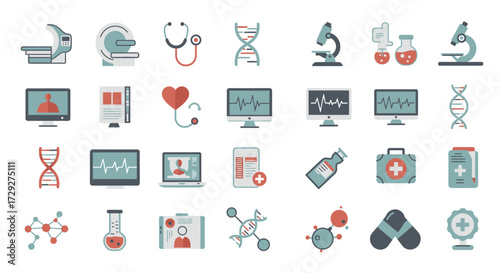 A clear flat design illustration presenting a collection of icons symbolizing medical technology and advancements in healthcare.
